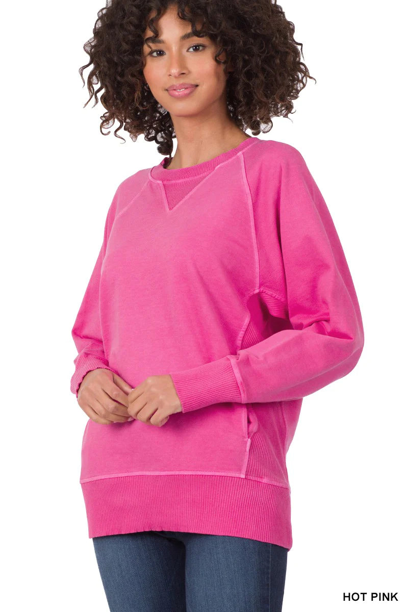 Zenana Pigment Dyed French Terry Pullover with Pockets