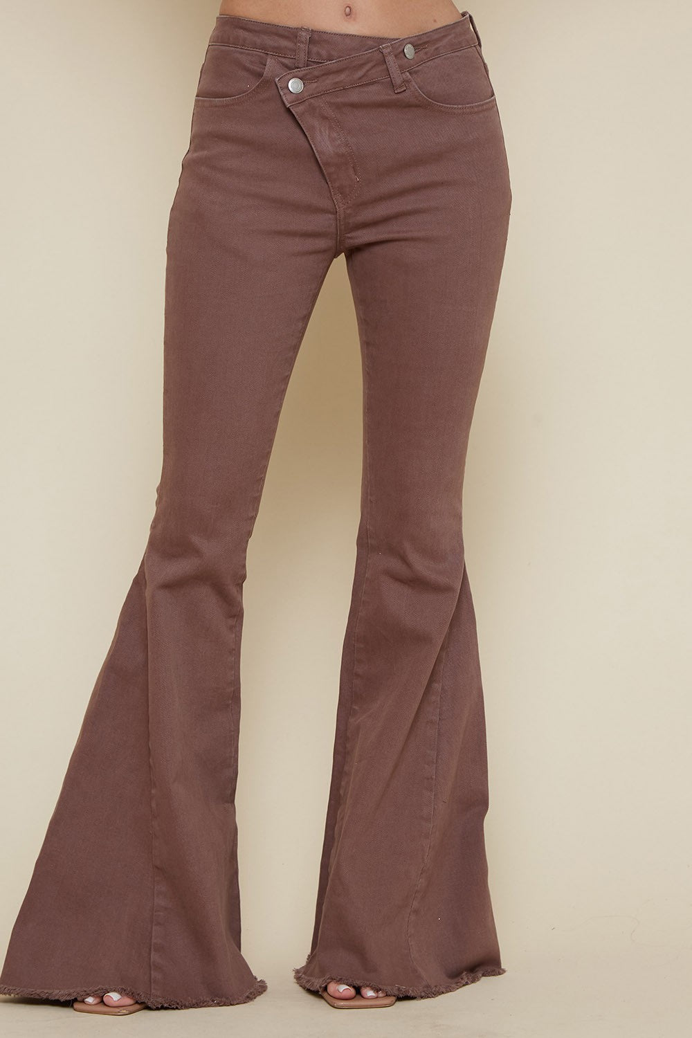 ASYMMETRICAL OVERLAP BUTTON FLARED DENIM