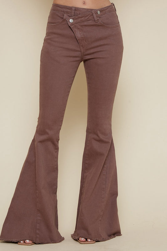 ASYMMETRICAL OVERLAP BUTTON FLARED DENIM