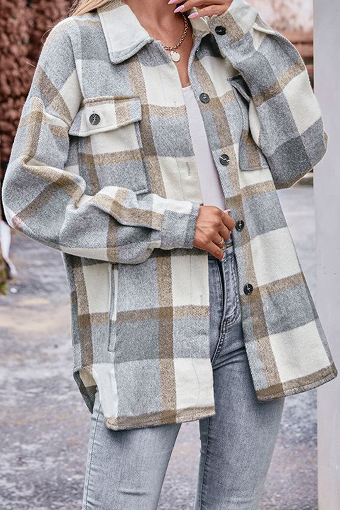 Button Up Pockets Plaid Shacket