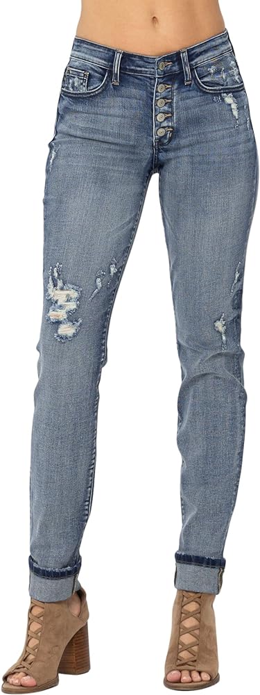 Judy Blue Mid Rise Button Fly Contrast Washed Jeans