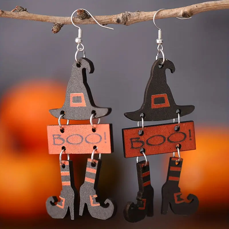 Black Witch Boots Hat Design Dangle Earrings