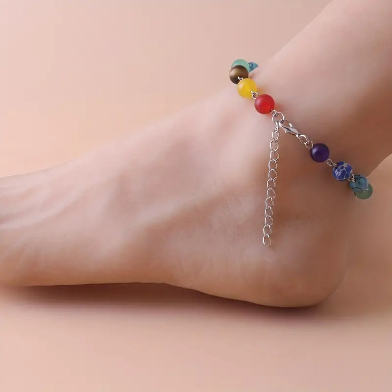 Hollow Lotus Beaded Anklet With Healing Energy 7 Chakra Beads