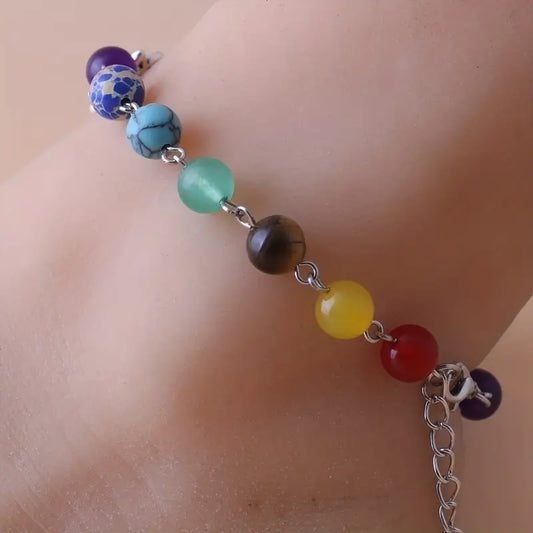 Hollow Lotus Beaded Anklet With Healing Energy 7 Chakra Beads