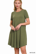 Zenana SHORT SLEEVE ROUND HEM A-LINE DRESS - SIDE POCKETS