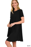 Zenana SHORT SLEEVE ROUND HEM A-LINE DRESS - SIDE POCKETS