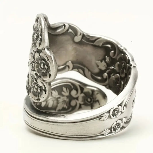 Vintage Silvery Engraved Lotus Spoon Ring