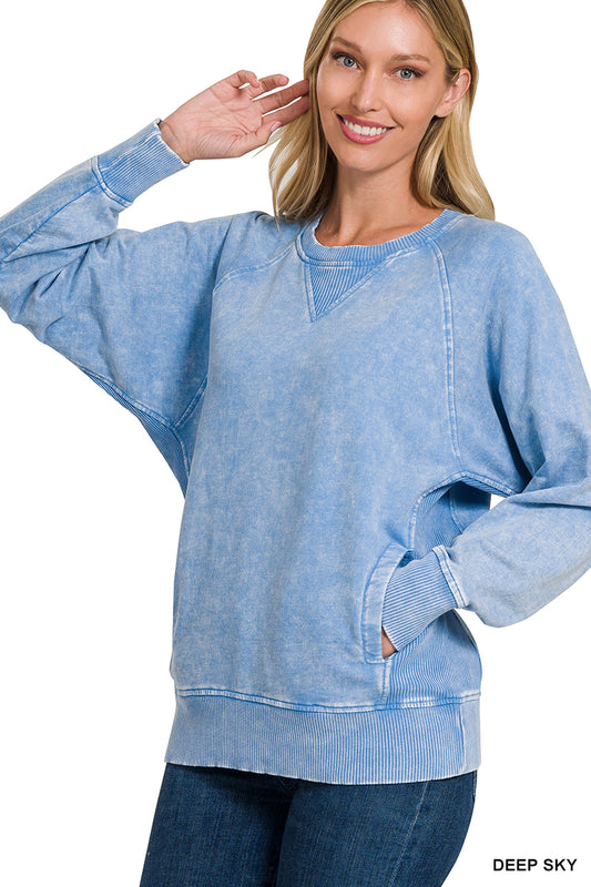 Acid Washed French Terry Pullover With Pockets