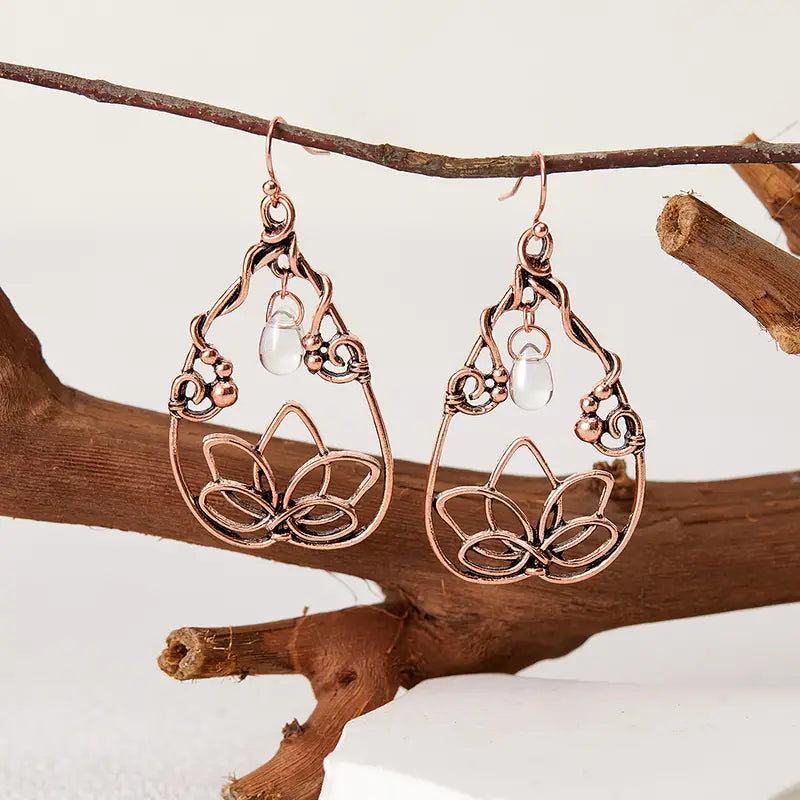 Vintage Hollow Bohemian Water Drop Lotus Dangle Earrings