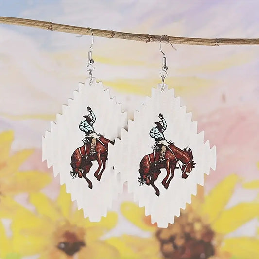 Vintage Riding Cowboy Print White Rhombus Dangle Earrings