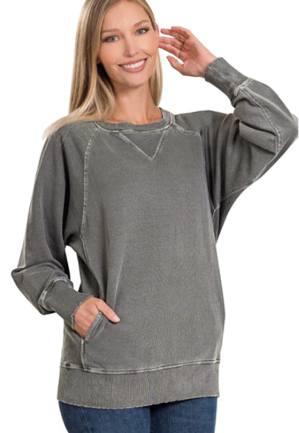 Zenana Pigment Dyed French Terry Pullover with Pockets