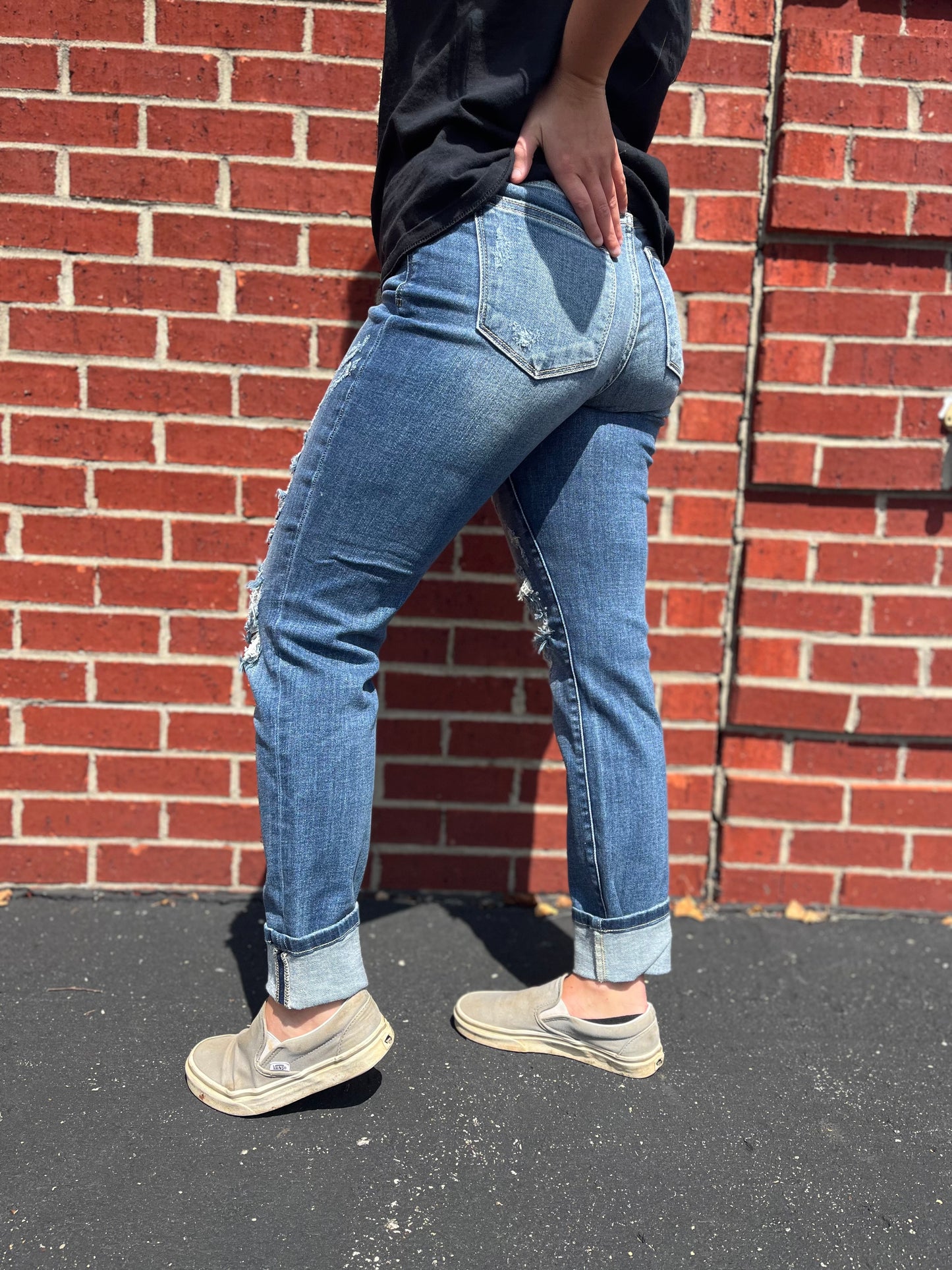 Judy Blue Mid Rise Cuffed Destroyed Boyfriend Jeans