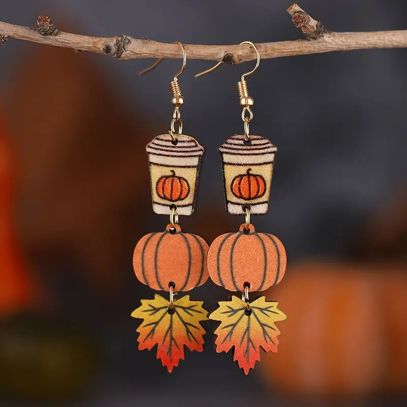 Women's Wooden Maple Leaf Coffee Cup Pumpkin Tassel Earrings