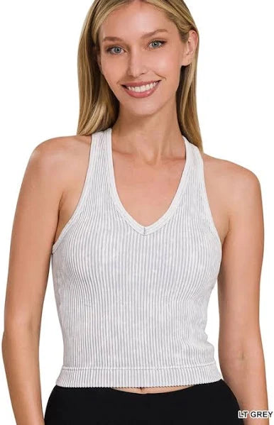 Zenana Washed Ribbed Cropped Bra Padded V-Neck Tank Top