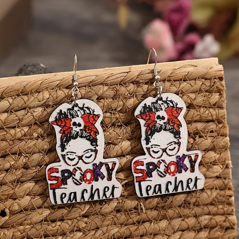 Halloween Skull SPOOKY TEACHER Pattern Dangle Earrings