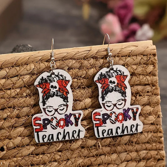 Halloween Skull SPOOKY TEACHER Pattern Dangle Earrings