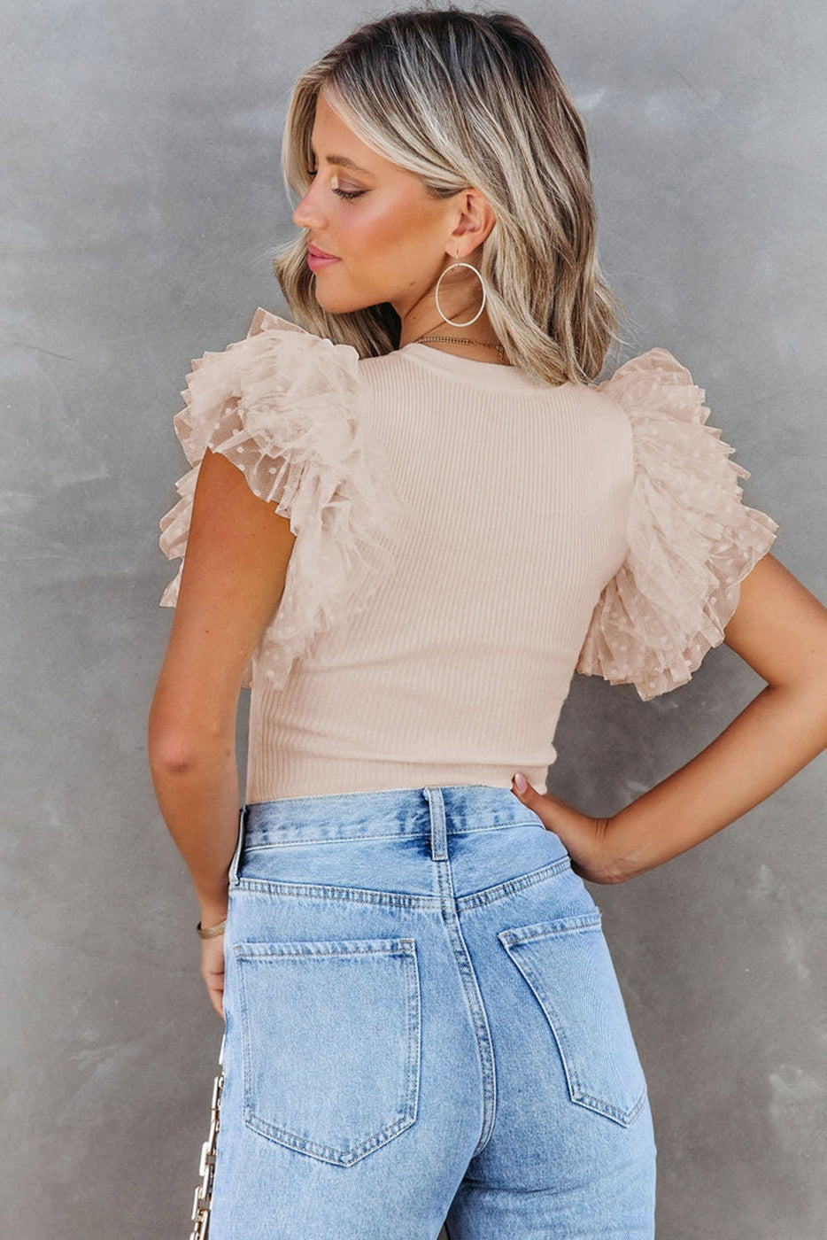 Apricot Dotty Mesh Ribbed Knit Top