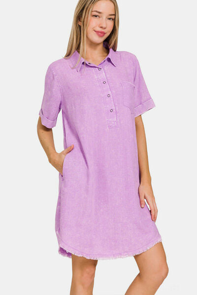 knee length dresses for ladies Zenana-Raw Edge Gauze V-Neck Dress