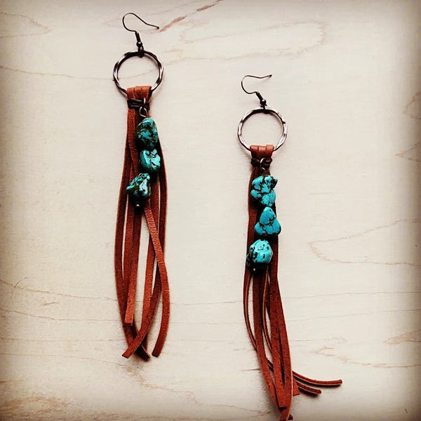 Leather Fringe Earrings with Turquoise Chunks