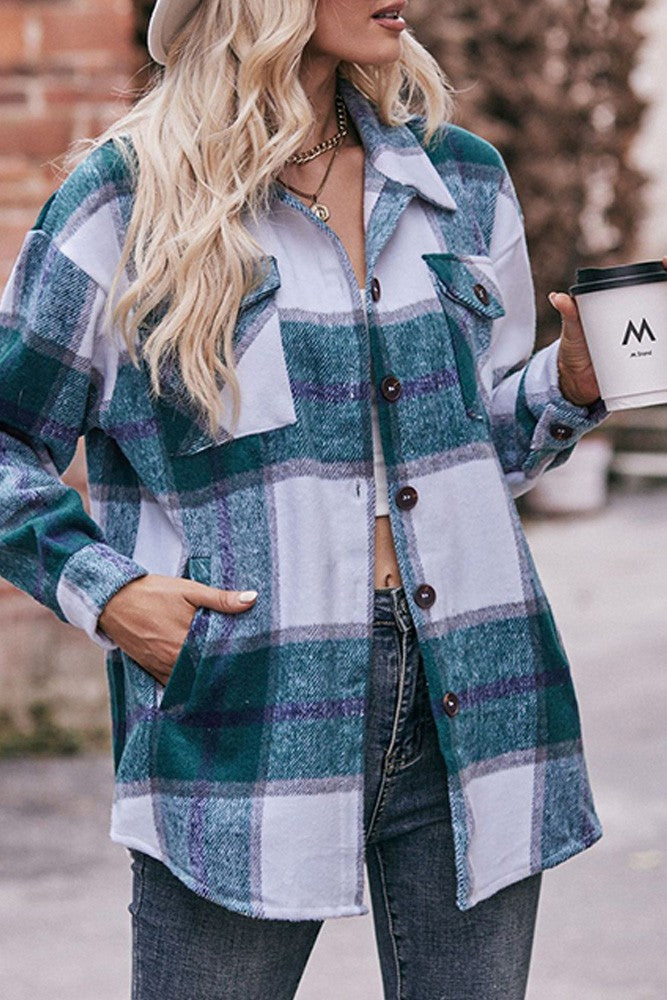 Button Up Pockets Plaid Shacket