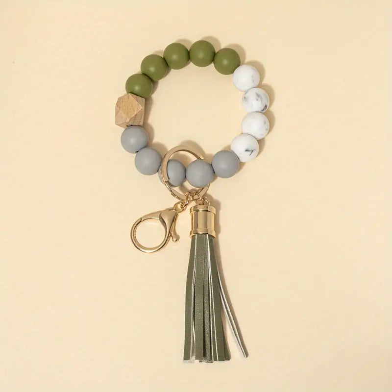 1pc Silicone Bracelet Wooden Beads Wrist Keychain Pendant