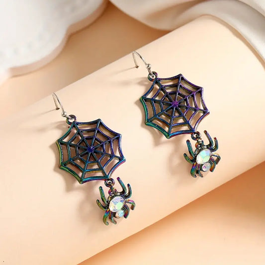 Halloween Colorful Spider Web Design With Shiny Rhinestone Decor Dangle Earrings