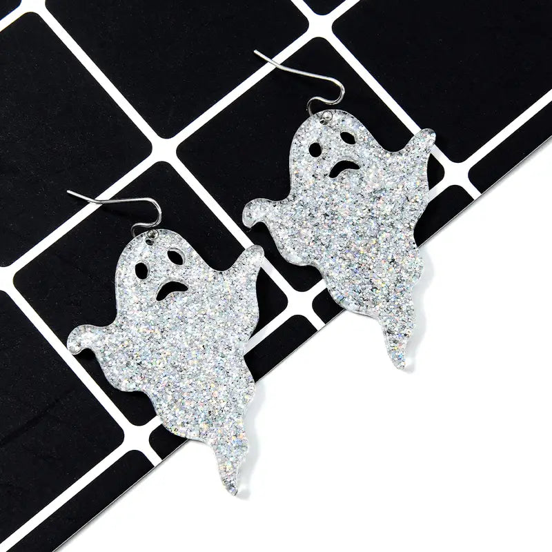 Halloween Funny Exaggerated White Glitter Hollow Ghost Earrings