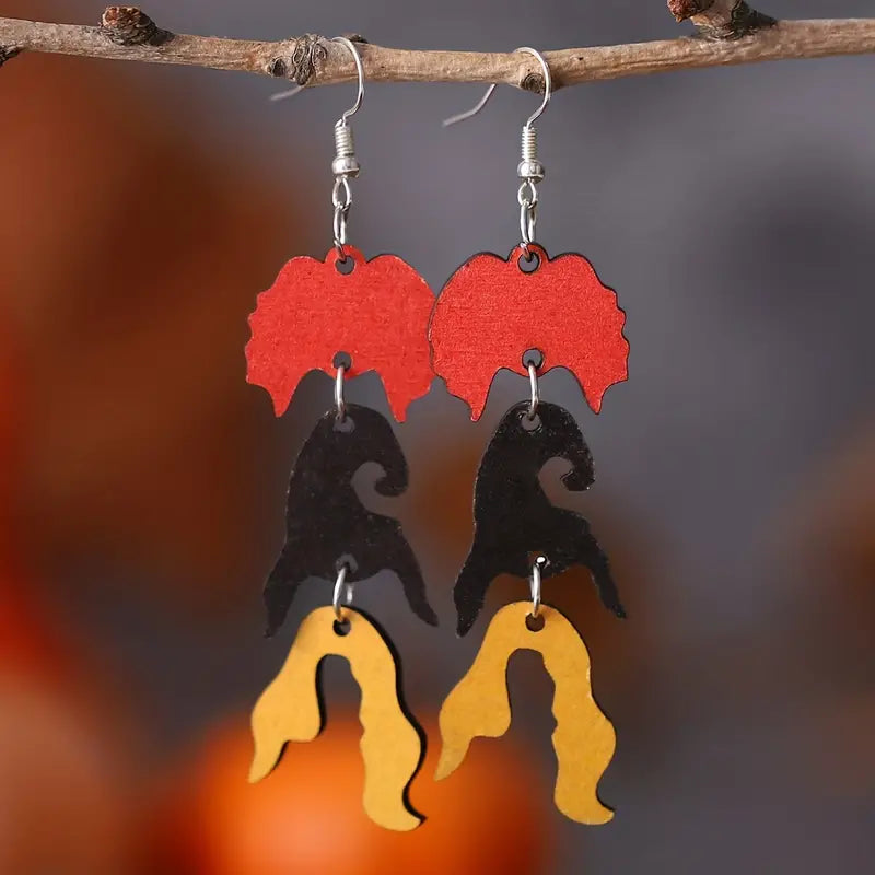 Hocus Pocus Halloween Red Black Yellow Witch Head Tassel Design Dangle Earrings