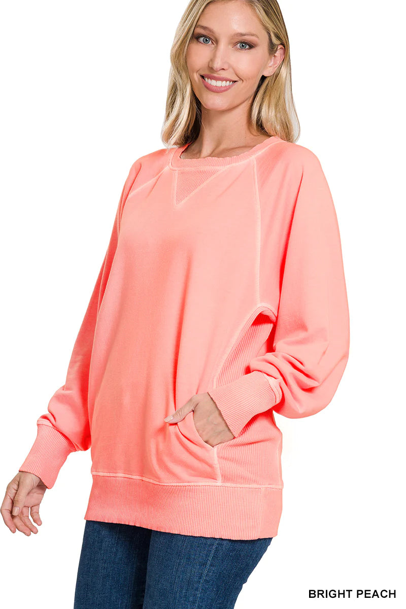 Zenana  Pigment Dyed French Terry Pullover with Pockets