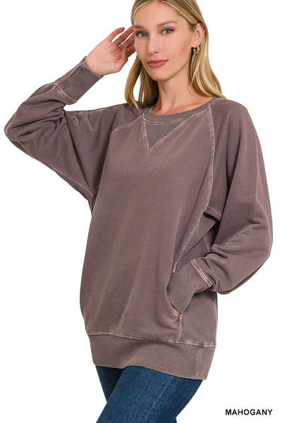 Zenana  Pigment Dyed French Terry Pullover with Pockets