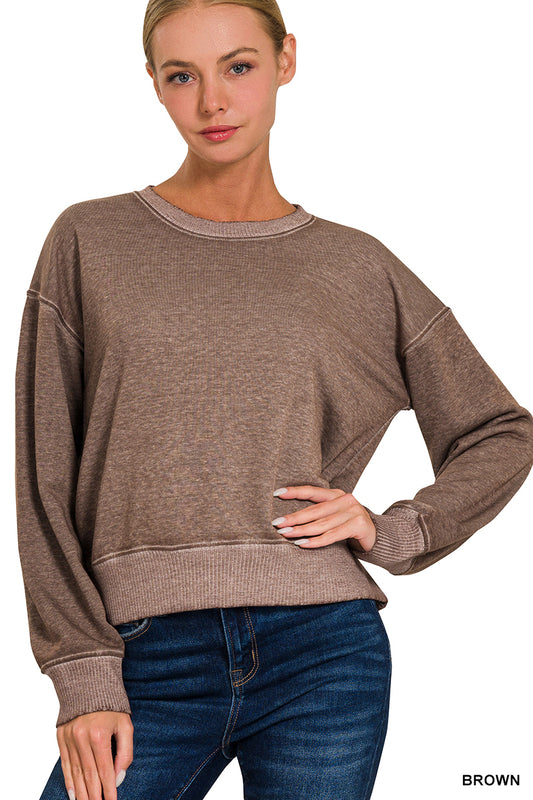 Zenana Washed French Terry Boat Neck Pullover