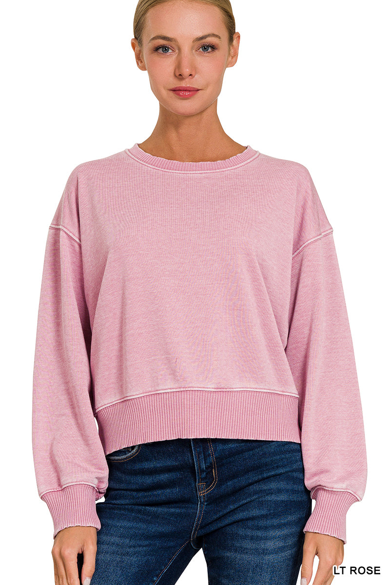 Zenana Washed French Terry Boat Neck Pullover