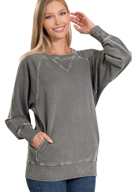Zenana  Pigment Dyed French Terry Pullover with Pockets