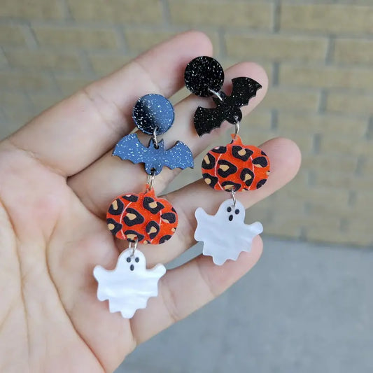 Vintage Halloween Candy Corn Happy Meal Buckets Leopard Pumpkin Ghost Witch Boo Bat Design Dangle Earrings
