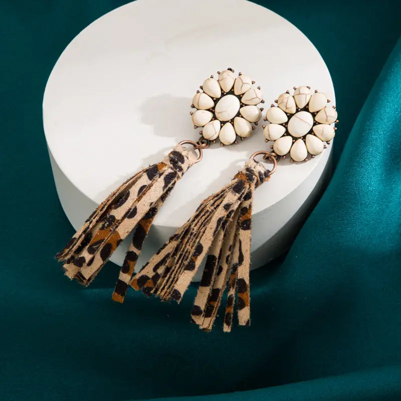 Leopard Leather Fringe Earrings