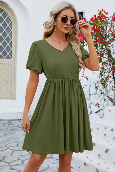 V-Neck Balloon Short Sleeve Dress