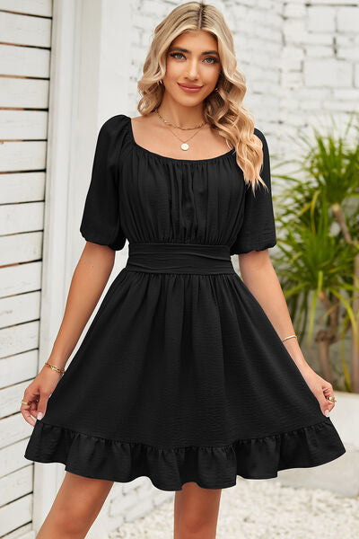 Ruched Ruffle Hem Short Sleeve Dress