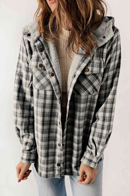 Plaid Snap Down Hooded Jacket