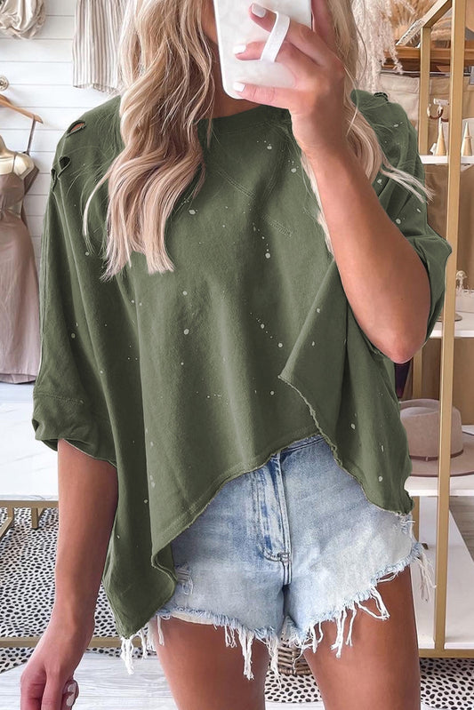 Green Distressed Bleached Asymmetric Top